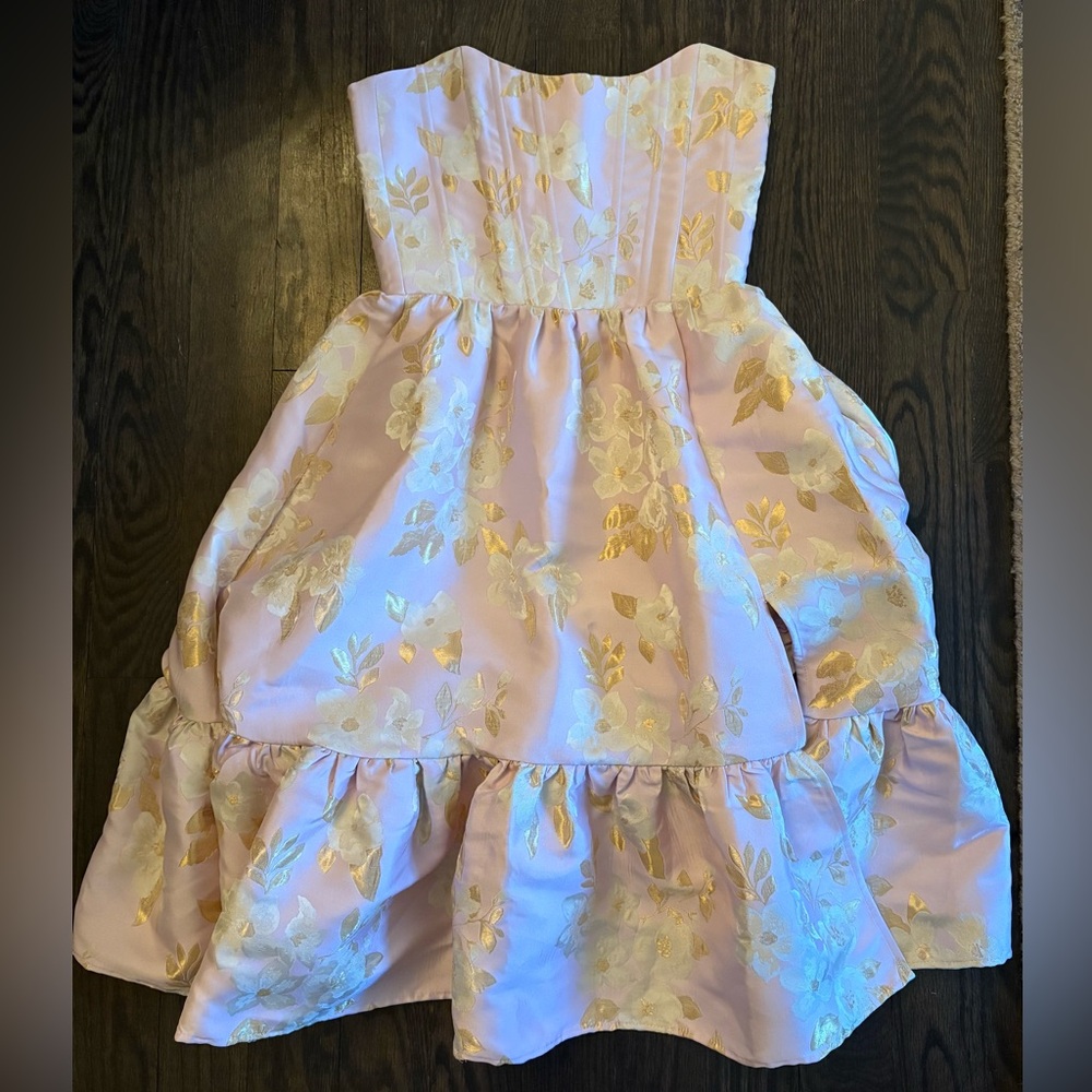 V. Chapman Strapless Lavender Floral Midi Dress with Gold Accents - Picture 3 of 6